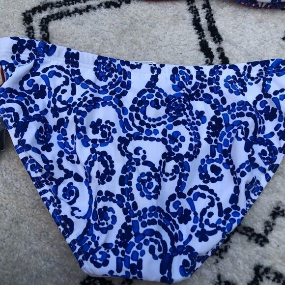 -11 NWT Be Creative Blue and white bikini with red trim waist jewelry.Size 10 - Picture 5 of 11
